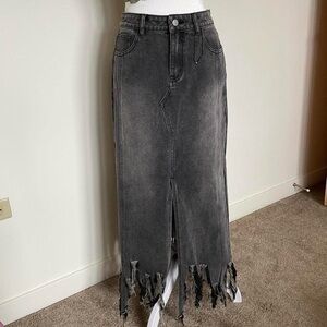 Dolls Kill Grey Black Denim Jean Distressed Shredded Maxi Skirt SAMPLE